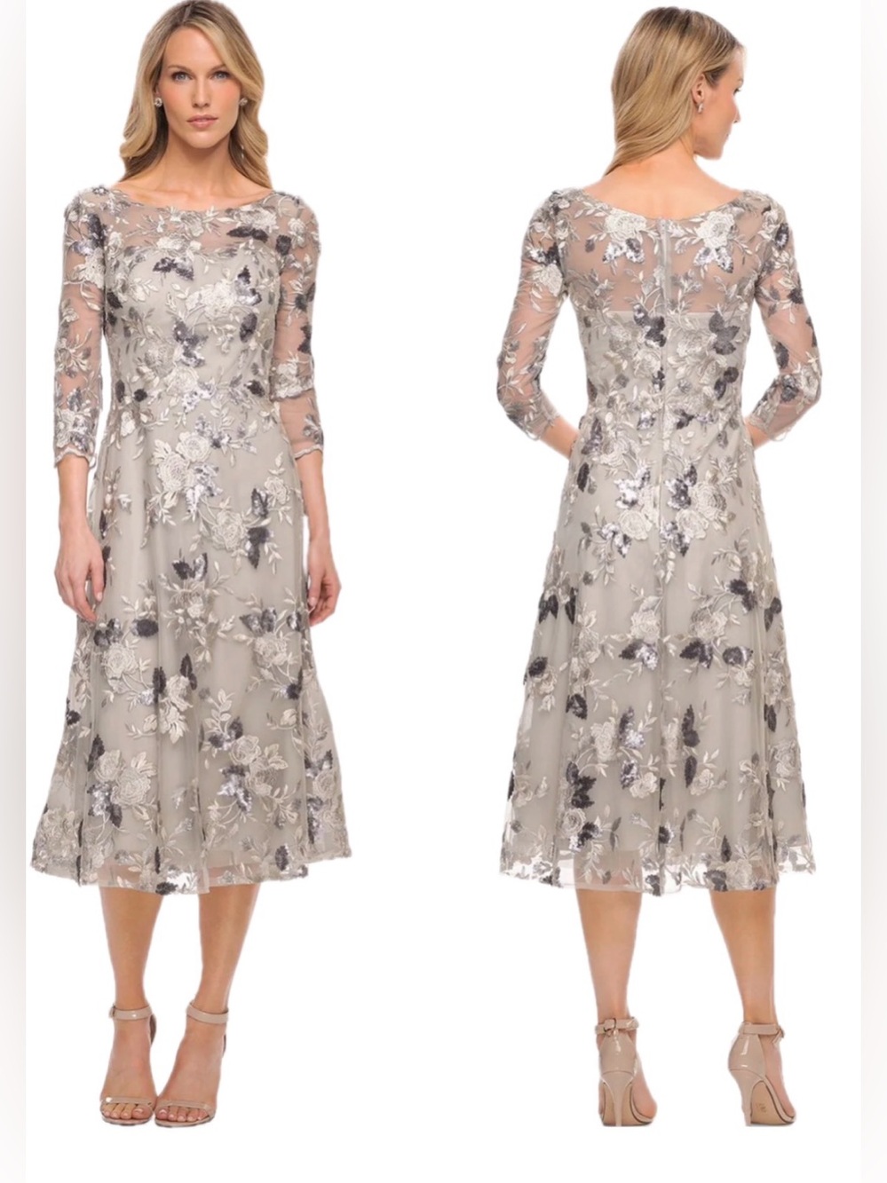 LA FEMME 29988 Silver/Gray Midi Dress with Sheer Embroidered Overlay Sz 12